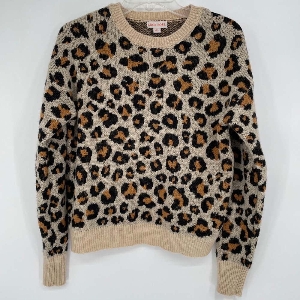 Knox Rose Womens Leopard Print Crewneck Pullover Sweater Tan Black XS